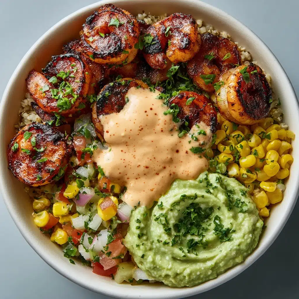 Grilled Shrimp Bowl with Avocado, Corn Salsa & Creamy Sauce Recipe - Recipe Image