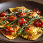 Ravioli with Tomatoes, Asparagus, Garlic, and Herbs Recipe