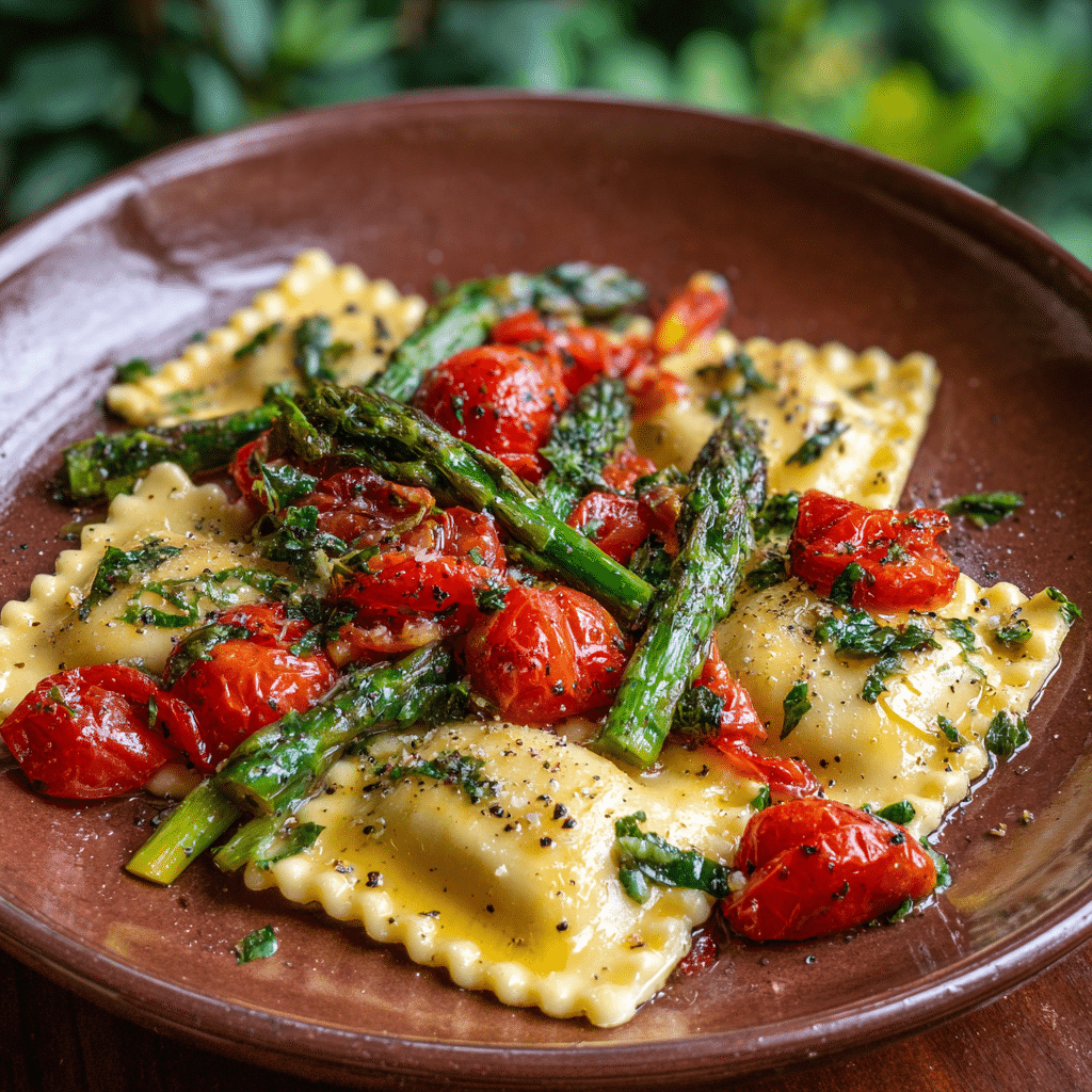 Ravioli with Tomatoes, Asparagus, Garlic, and Herbs Recipe - Recipe Image