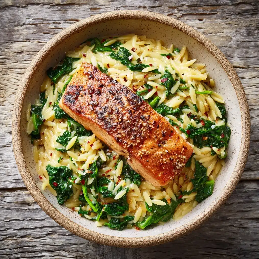 One Skillet Salmon with Lemon Orzo Recipe - Recipe Image
