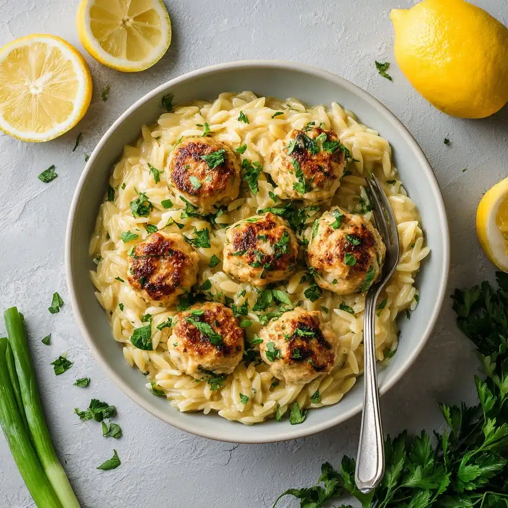 Lemon Garlic Chicken Meatballs with Creamy Orzo Recipe - Recipe Image