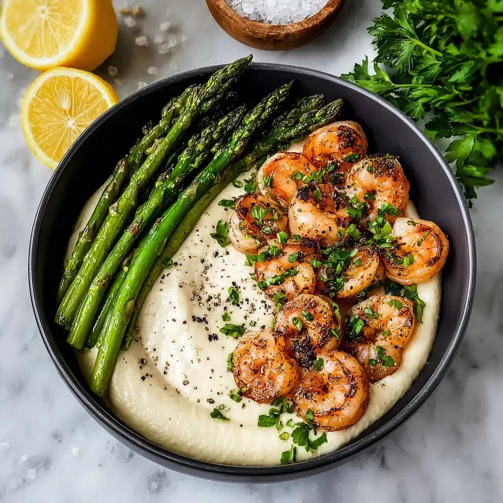 Grilled Shrimp Bowl with Asparagus & Creamy Garlic Sauce Recipe - Recipe Image