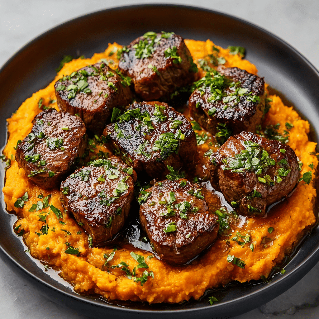 Garlic Butter Steak Bites with Sweet Potato Mash Recipe - Recipe Image
