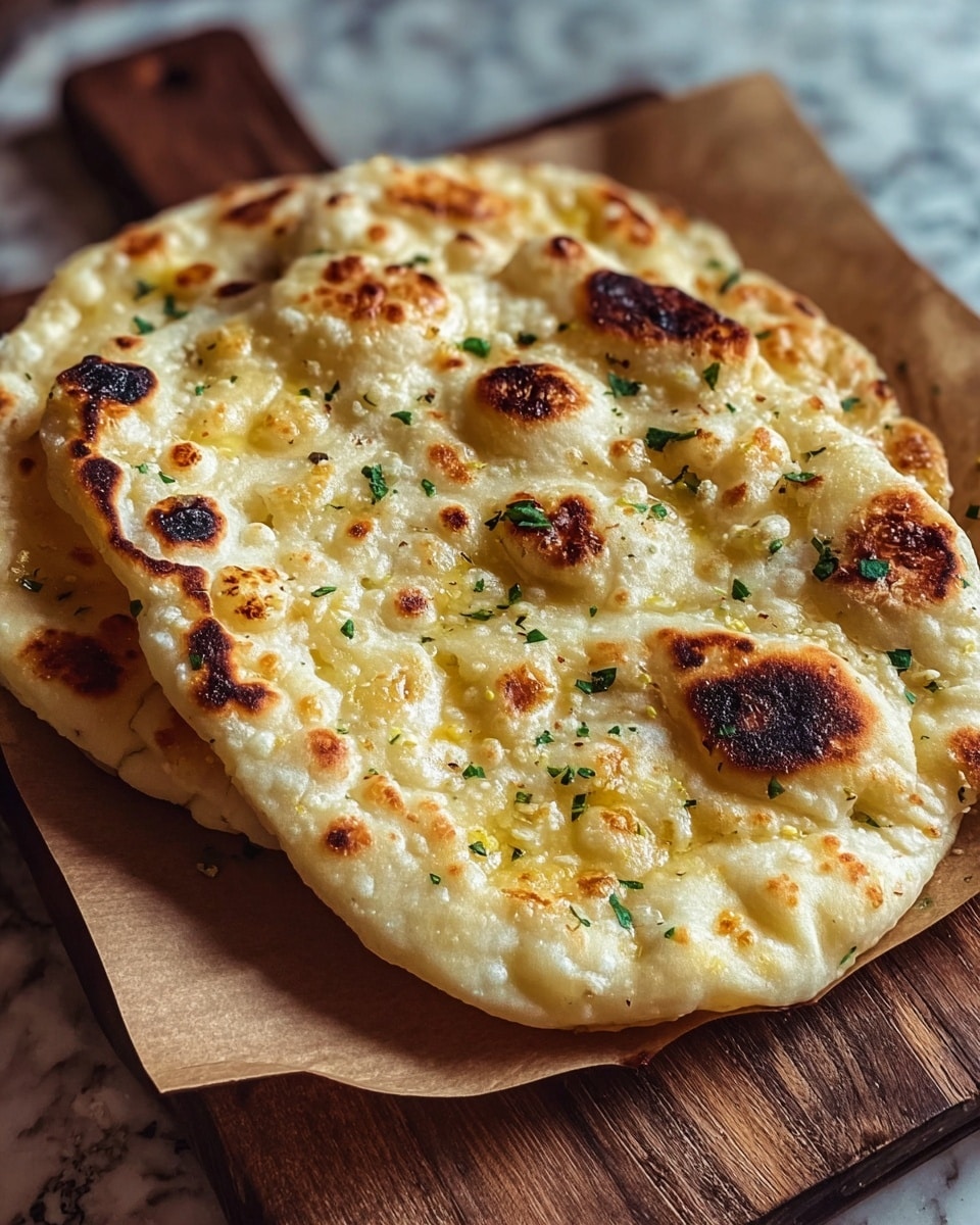 Two pieces of flatbread are stacked on a piece of brown parchment paper. The flatbread is golden with many small to large bubbles, some charred dark brown on top, and sprinkled lightly with green herbs. The texture looks soft and slightly crispy with irregular edges. The flatbread is on a wooden board with a white marbled texture showing faintly below. Photo taken with an iphone --ar 4:5 --v 7