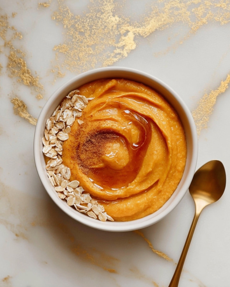 A white bowl filled with a smooth orange swirl of creamy pumpkin or sweet potato puree forms the first and main layer, with a dusting of brown cinnamon powder spiraled in the center. On one side, a generous layer of crunchy light brown granola clusters is neatly placed along the edge. A glossy, amber-colored honey drizzle is applied on the surface of the puree near the granola, catching the light. The bowl is set on a white marbled surface with a gold spoon placed nearby. photo taken with an iphone --ar 4:5 --v 7