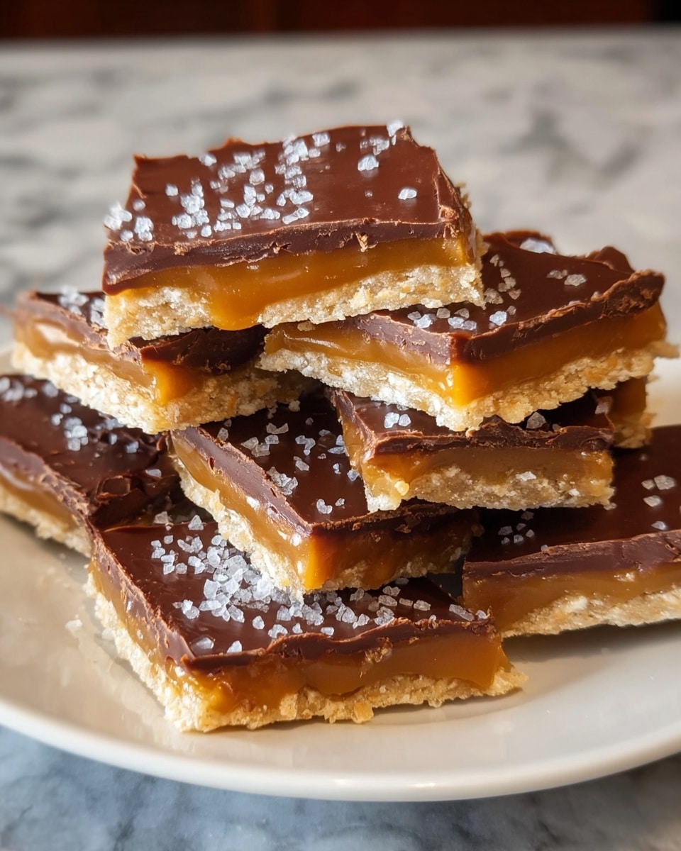 A close-up view of several pieces of square-shaped treats stacked on a white plate, each with three clear layers: a bottom layer of light tan, crumbly base, a middle layer of golden caramel that looks soft and sticky, and a top layer of smooth, glossy dark brown chocolate sprinkled with coarse sea salt crystals, all placed on a white marbled surface. photo taken with an iphone --ar 4:5 --v 7