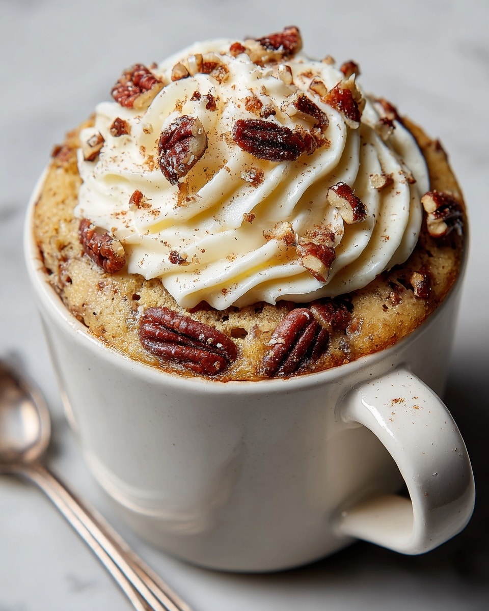 The image shows two white mugs, each filled with a cinnamon roll mug cake topped with a thick layer of creamy white frosting swirled on top. The first mug’s cake is golden brown with visible pieces of pecans embedded in the moist, slightly crumbly texture, and the frosting is sprinkled with cinnamon and decorated with whole pecans. The second mug also contains a golden-brown cinnamon roll cake with gooey cinnamon swirl patterns and is overflowing slightly with white icing dripping down the side. The frosting on top is sprinkled with cinnamon and drizzled with caramel sauce, all set against a white marbled surface with a spoon nearby. photo taken with an iphone --ar 4:5 --v 7