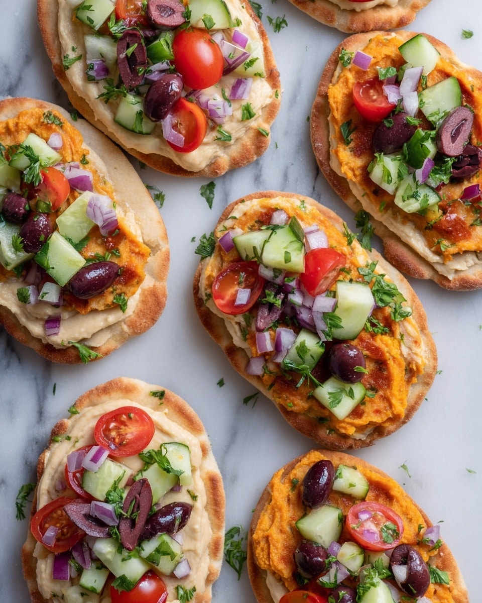 The image shows several small toasted round bread pieces arranged on a white marbled surface, each topped with creamy light beige hummus as the first layer. On top of the hummus, there is a colorful salad mix layer with small diced green cucumbers, bright red cherry tomato halves, purple olives, finely chopped red onions, and fresh green herbs scattered, adding texture and color contrast. The bread has a light golden-brown crisp look with some char marks. The close-up view focuses on one piece in the center, highlighting the fresh toppings. Photo taken with an iphone --ar 4:5 --v 7