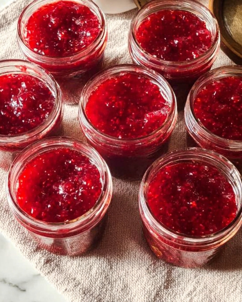 The image shows eight clear glass jars filled with thick, deep red jam. Each jar is filled to the top with a textured jam that has visible small pieces of fruit, giving it a glossy and slightly chunky look. The jars are arranged close together on a light-colored towel with a simple woven pattern. The background is a white marbled texture. photo taken with an iphone --ar 4:5 --v 7