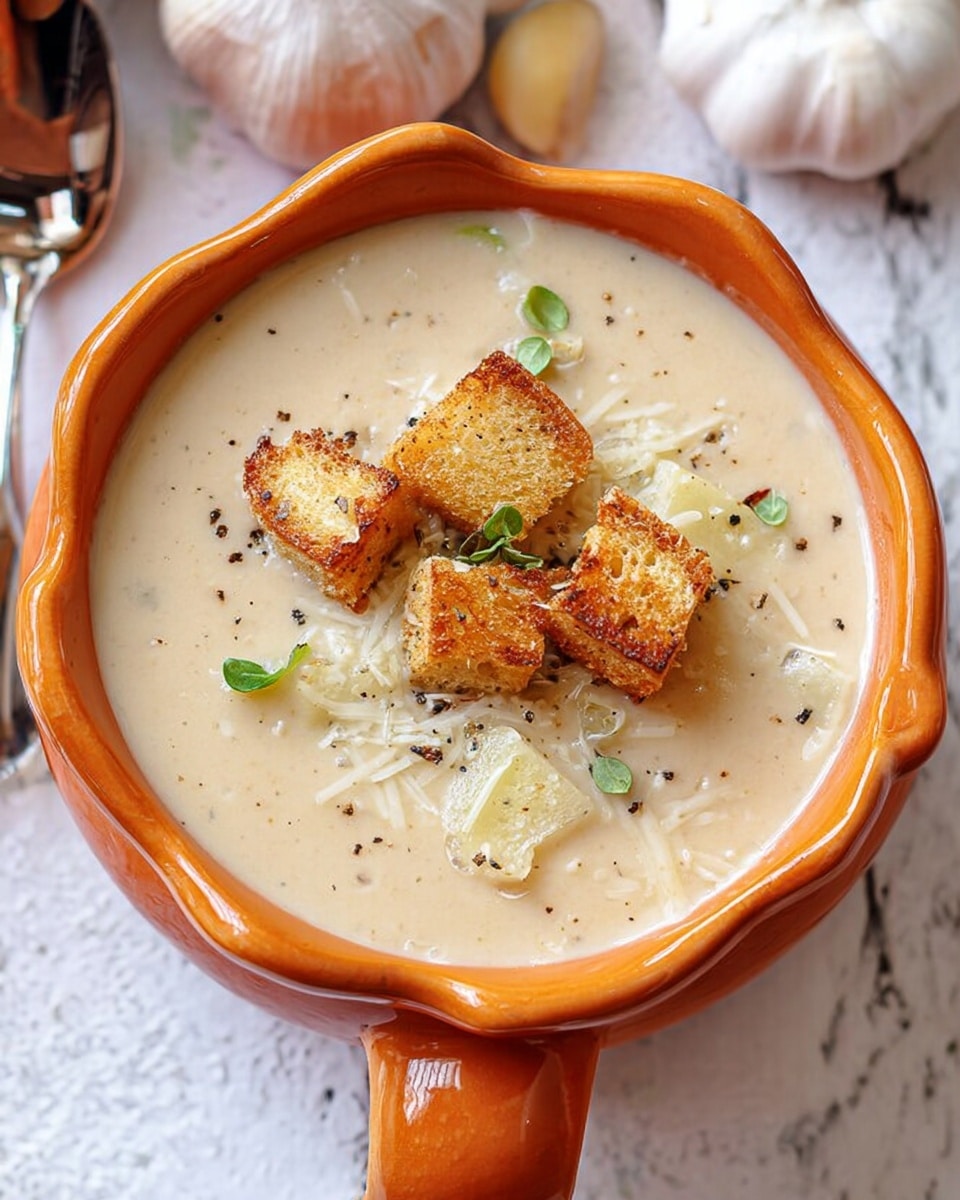 A small orange bowl shaped like a pumpkin, filled with creamy beige soup that has a smooth texture with visible small black pepper flakes. On top of the soup, there are several light golden brown croutons with a crunchy look, small pieces of pale green vegetables, a tiny sprig of green herbs, and some finely grated white cheese scattered over. The bowl sits on a white marbled surface alongside a white cloth napkin with a black patterned trim and a silver spoon. In the background, two whole garlic bulbs rest on the surface, and extra croutons are placed near the bowl. Photo taken with an iphone --ar 4:5 --v 7