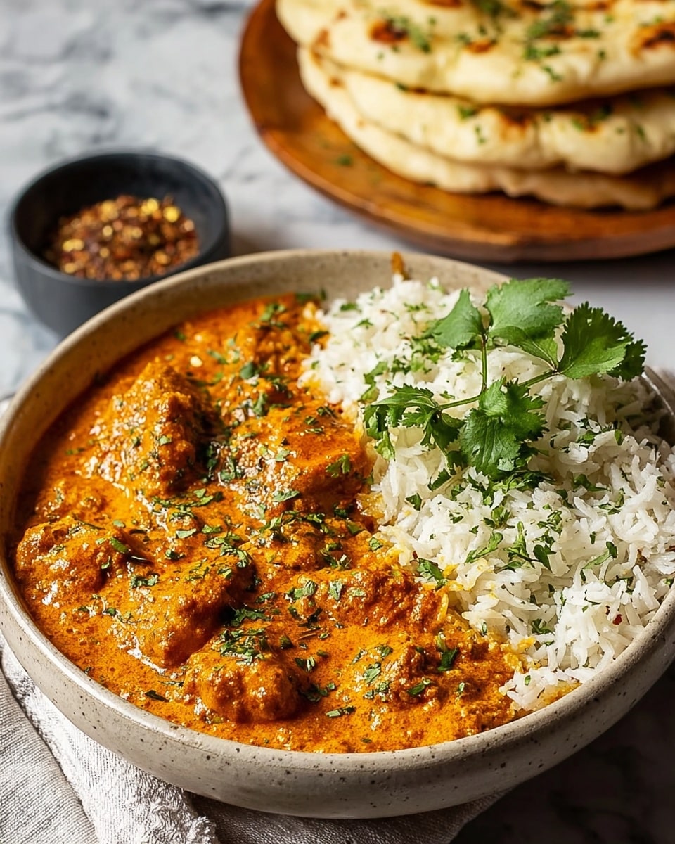 A round bowl holds two layers: the left half shows a thick, creamy orange curry with chunks of cooked meat, sprinkled with chopped green herbs, while the right half has a layer of fluffy white rice, garnished with fresh green cilantro leaves. In the background, slightly out of focus, there is a stack of naan bread placed on a white marbled textured surface, along with a small black bowl containing spice mix. The scene is softly lit, highlighting the vibrant colors and textures of the food. photo taken with an iphone --ar 4:5 --v 7
