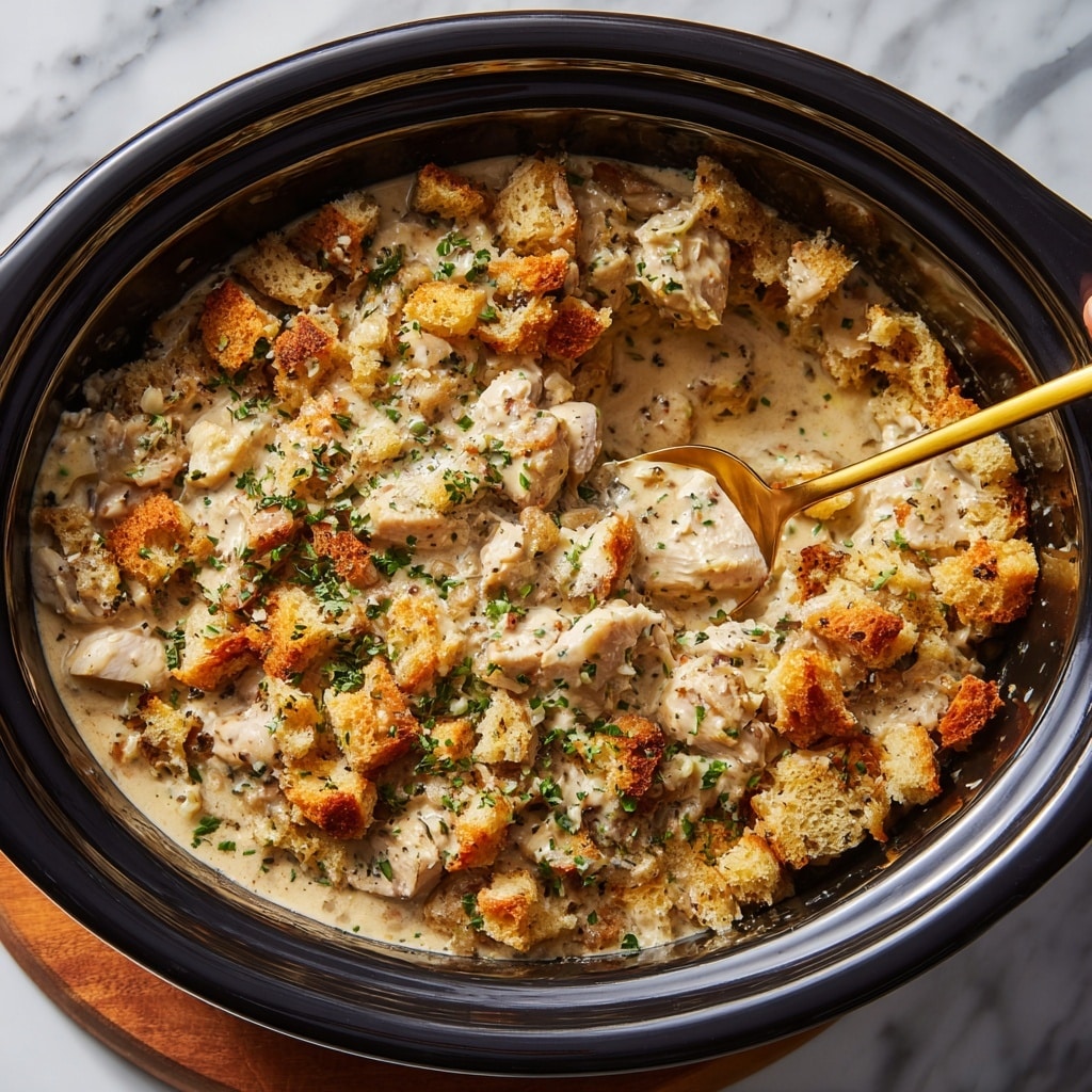 A close-up view of a slow cooker filled with a creamy chicken and dressing casserole, showing a mixture of soft, golden-brown breadcrumbs and chunks of white chicken meat covered in a thick, beige sauce with green herb bits sprinkled throughout. A gold spoon is partially dipped into the casserole, stirring or serving the dish. The cooker has a black ceramic pot with a shiny finish, sitting on a wooden surface over a white marbled background. The casserole looks warm and hearty, with a textured top layer of breadcrumbs and herbs. Photo taken with an iphone --ar 4:5 --v 7