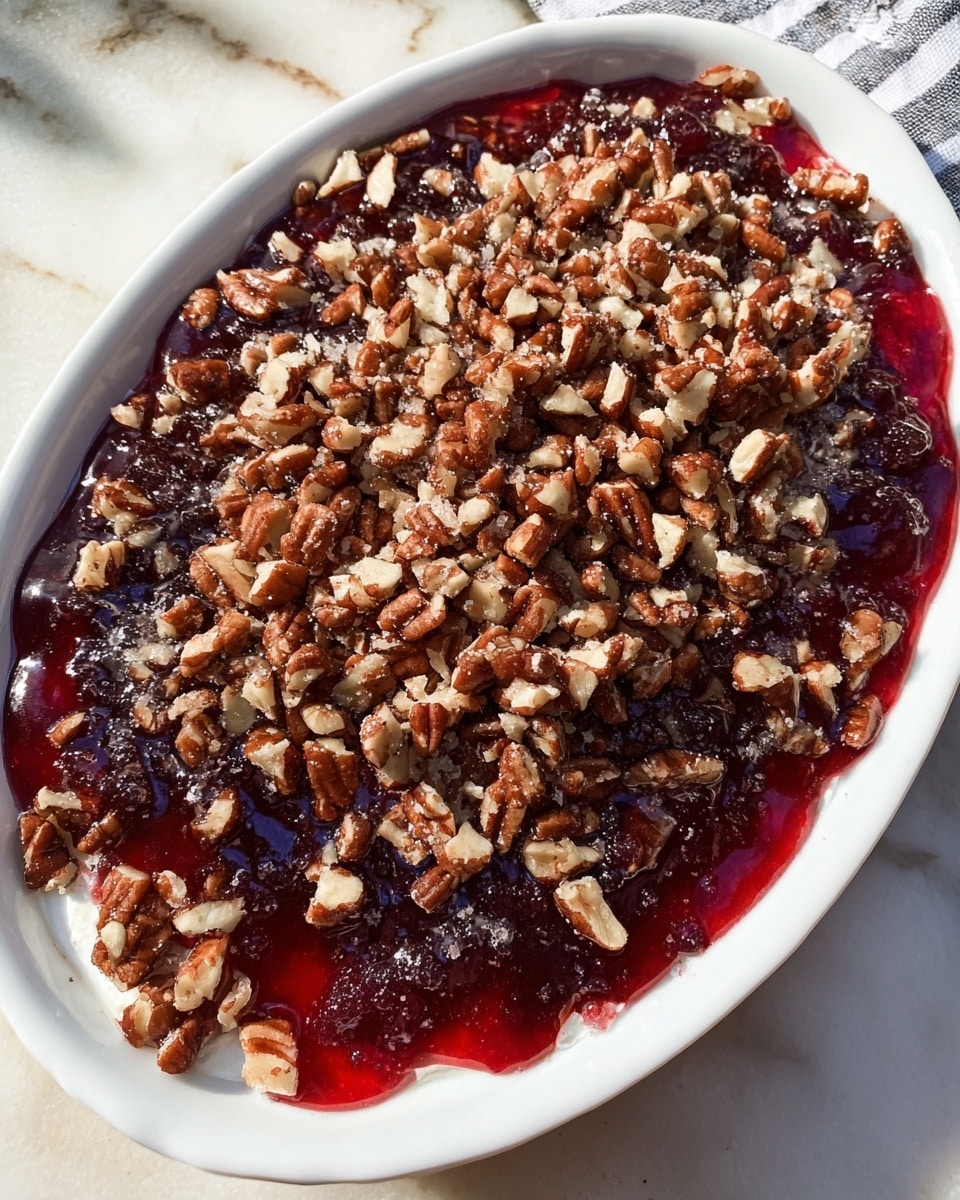 A close-up of a white oval dish filled with two visible layers: the bottom layer is a thick, glossy deep red cranberry sauce with a slightly chunky texture, while the top layer is sprinkled generously with chopped pecans in light brown and cream colors with a rough nutty texture. Some cranberry sauce peeks out unevenly around the edges of the dish. The dish is held by a woman's hand, with a white marbled surface and natural outdoor light in the blurred background. photo taken with an iphone --ar 4:5 --v 7