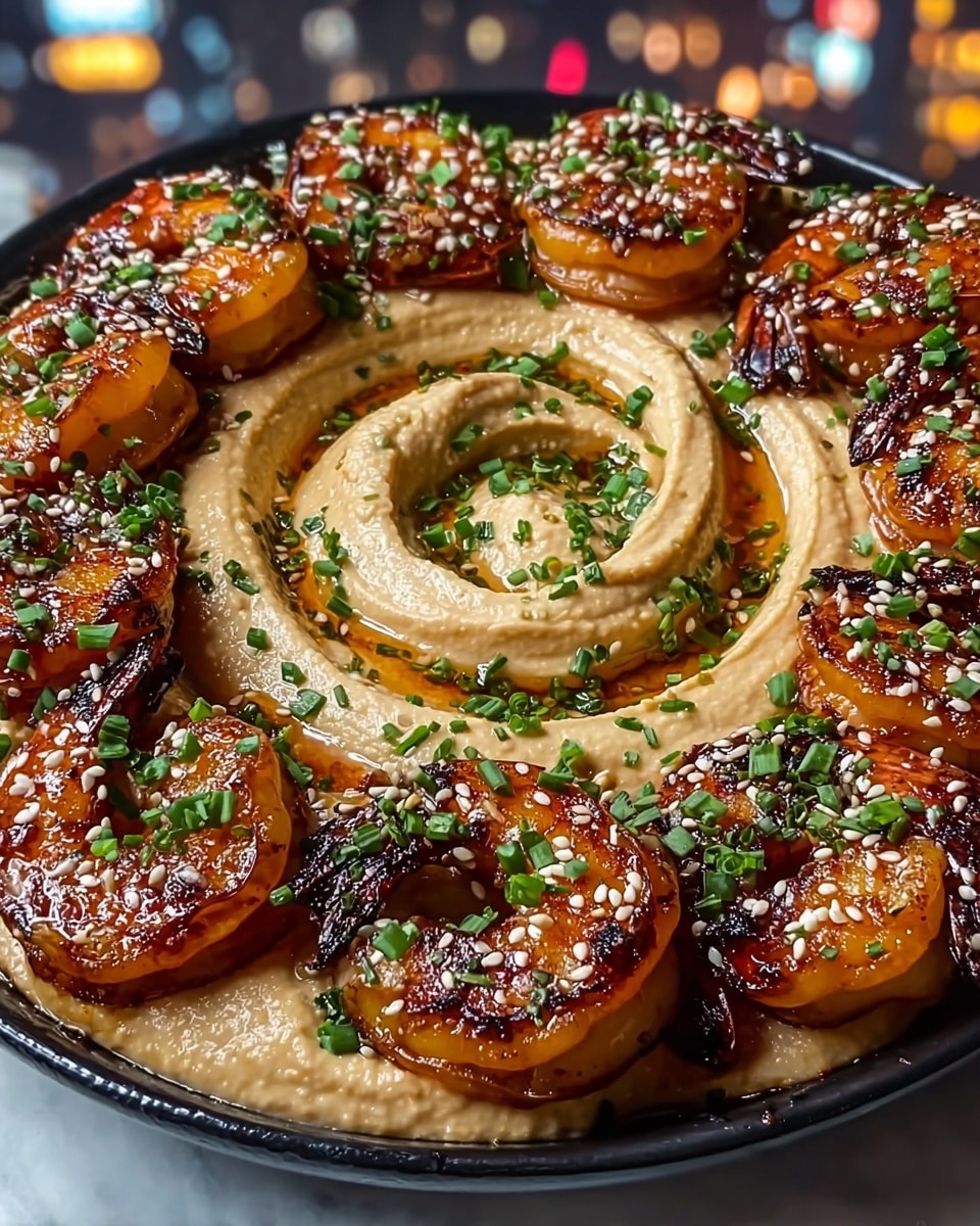 The dish shows a close-up of a black bowl filled with rich, dark brown grilled shrimp arranged in a circle around a tan-colored creamy dip in the center. The shrimp have a shiny, slightly charred surface sprinkled with white sesame seeds and small green onion pieces. The dip has a smooth, swirled texture topped with extra green onion bits and a light drizzle of oil. The bowl sits on a white marbled surface with a softly blurred, colorful background. Photo taken with an iphone --ar 4:5 --v 7