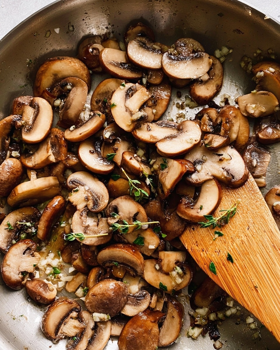 The image shows a close-up of cooked sliced brown mushrooms in a silver pan, with pieces of minced garlic and small green herb leaves scattered among the mushrooms. A wooden spatula with a smooth texture touches the mushrooms in the pan, lifting some pieces. The mushrooms are slightly shiny from being cooked, with a soft and tender look. The mix of light and dark brown colors creates a warm and earthy feel. The pan background has a clean metal shine with some oil droplets visible. photo taken with an iphone --ar 4:5 --v 7