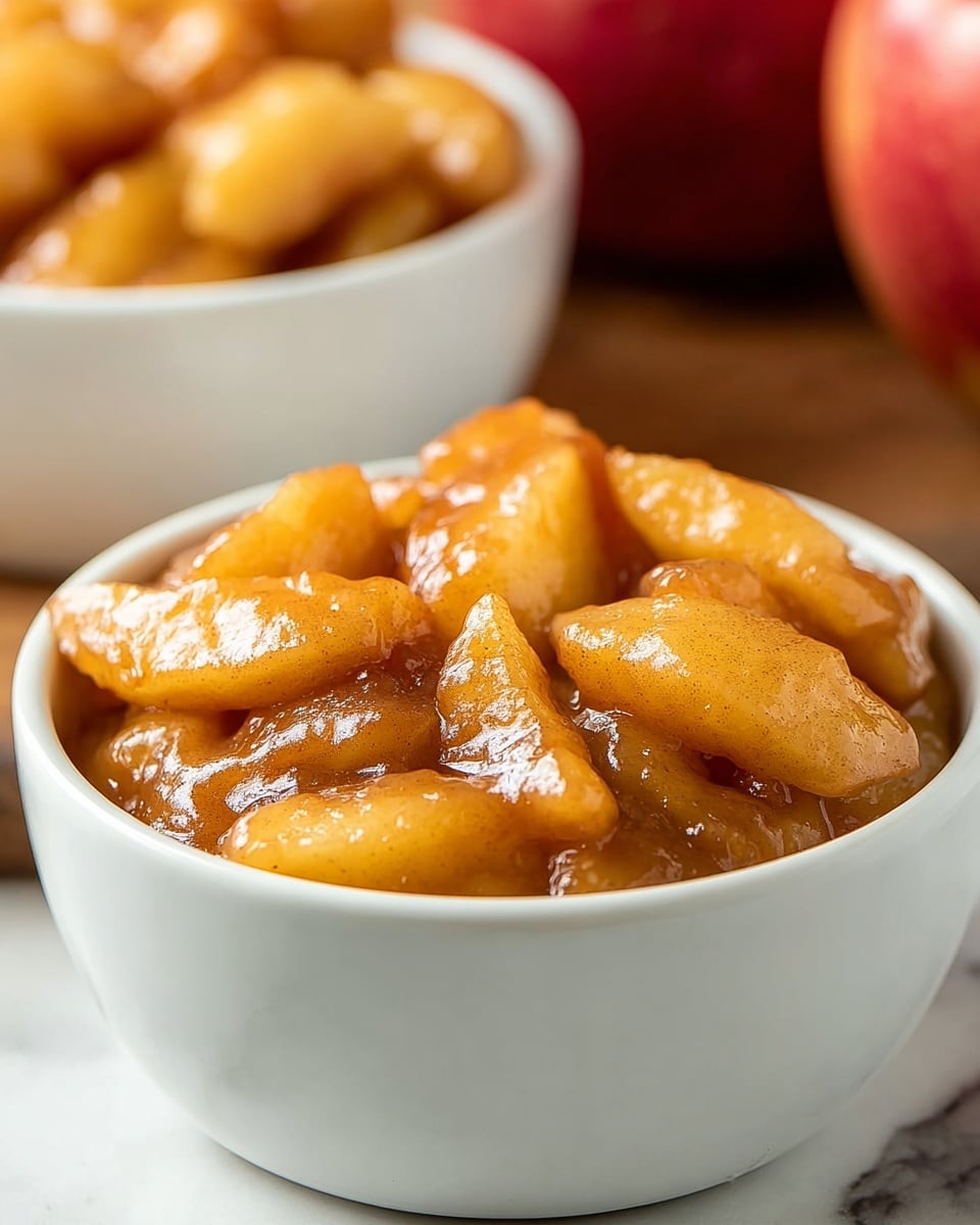 A close-up view of a white bowl filled with cooked apple slices coated in a thick, glossy cinnamon sauce. The soft apple pieces are golden-brown with a juicy texture, some slightly curled around the edges, sitting tightly packed in the bowl. In the blurry background, there is another similar white bowl also filled with the cooked fruit, and to the side, part of a red apple is visible. The scene is set on a white marbled surface. photo taken with an iphone --ar 4:5 --v 7