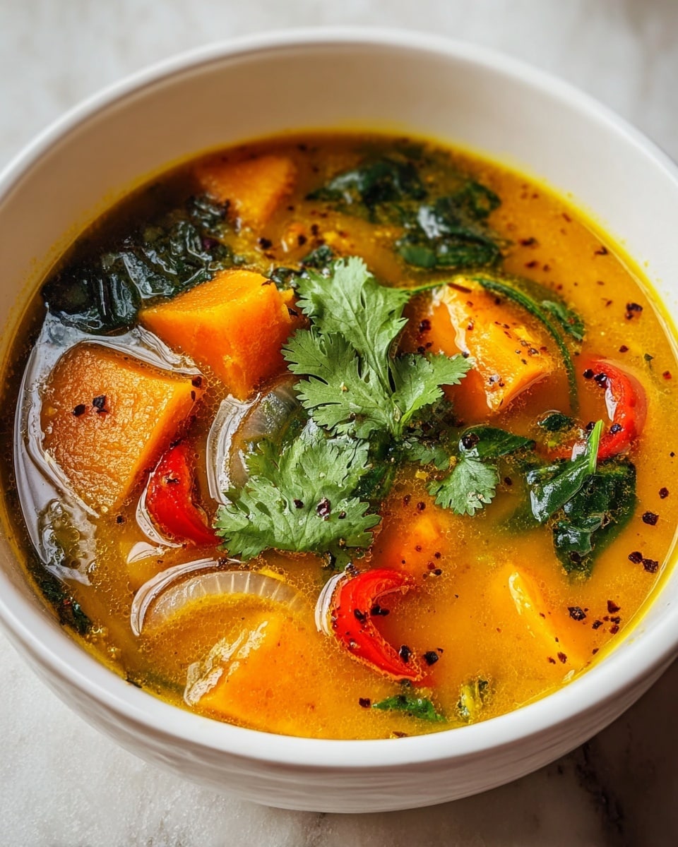 A white bowl filled with bright orange broth contains several large chunks of yellow potatoes, orange sweet potatoes, wilted dark green leafy vegetables, and pieces of red bell pepper. Slices of translucent white onion float on the surface along with a few fresh green cilantro leaves scattered on top. Crushed black pepper is sprinkled evenly over the colorful ingredients. The bowl sits on a white marbled texture background. photo taken with an iphone --ar 4:5 --v 7