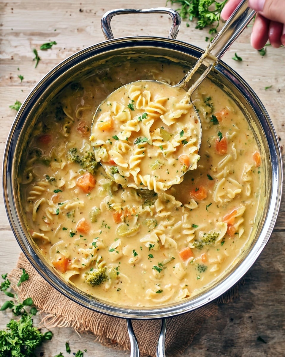 A large shiny silver pot filled with a thick creamy mixture of pale yellow pasta with ruffled edges, small orange carrot cubes, and green broccoli bits. The creamy sauce has a smooth, slightly grainy texture and is sprinkled with small green herb pieces on top. A metal ladle is lifting a scoop of the pasta mixture from the pot, showing the same layers of pasta, sauce, and vegetables. The pot rests on a brown wooden surface with some scattered herb pieces around it. Photo taken with an iphone --ar 4:5 --v 7