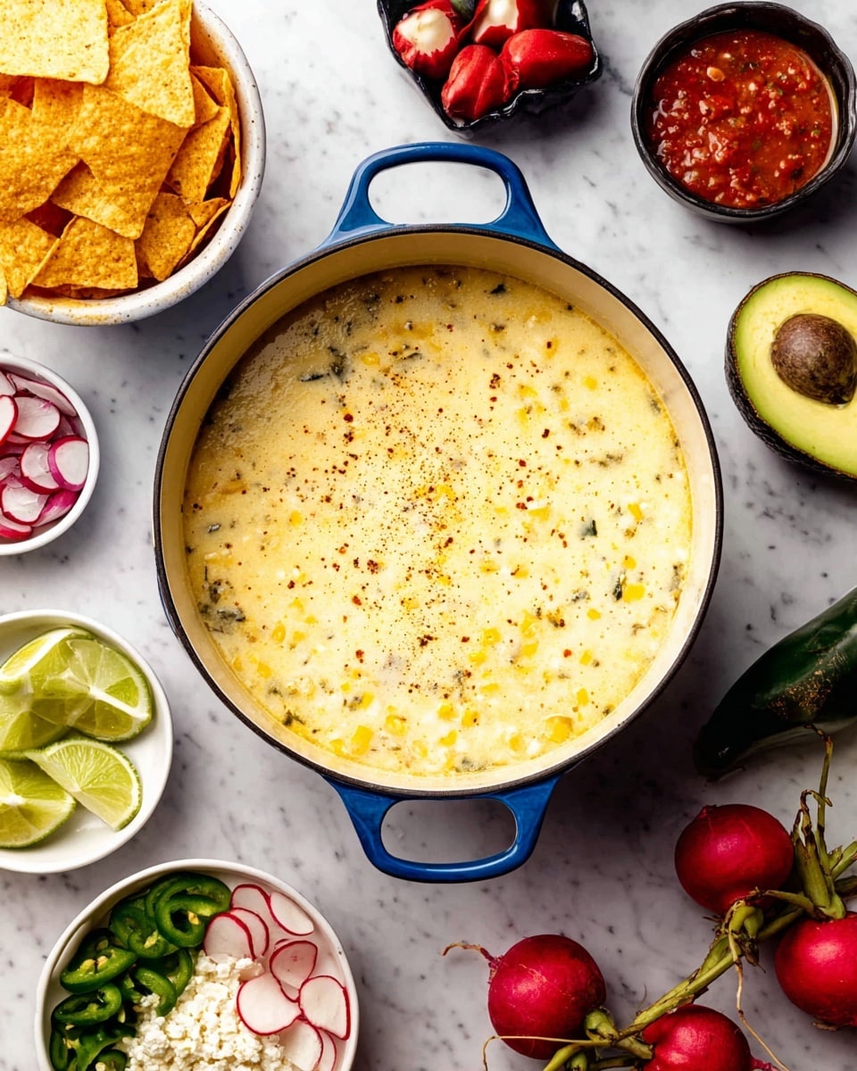 A large blue pot filled with a creamy, light yellow soup that has visible chunks of corn and specks of spices evenly spread throughout. Surrounding the pot on a white marbled surface are small white bowls containing thinly sliced radishes, a colorful mix of red, green, and purple vegetable strips, crumbly white cheese, lime wedges, and sliced green jalapeños. There is also a halved avocado with its seed still in one half, whole limes, red radishes, and two dark green poblano peppers. In the top left corner, a white bowl holds golden, crispy tortilla chips encircling a smaller black bowl of red salsa. photo taken with an iphone --ar 4:5 --v 7