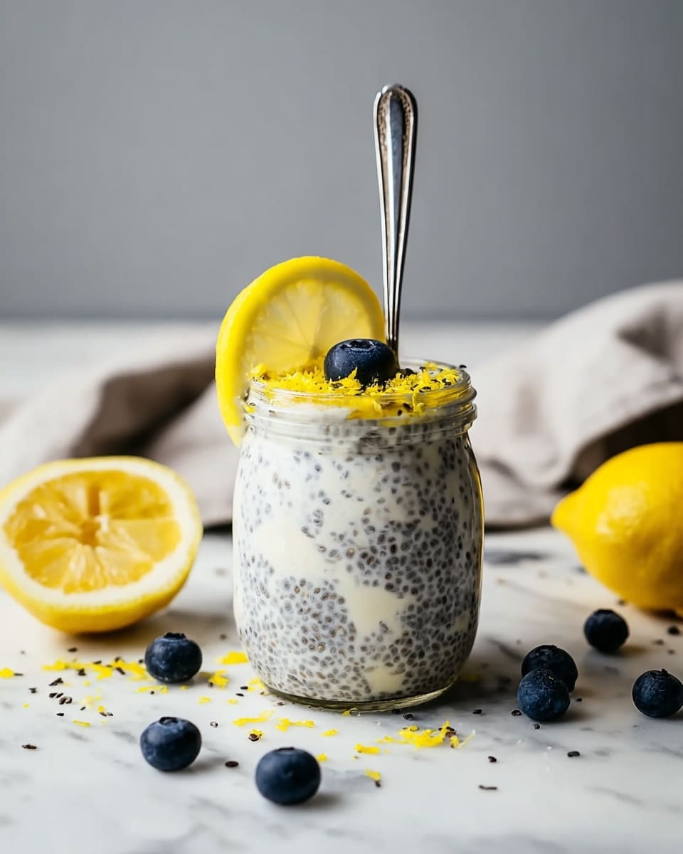 A clear glass jar filled with three visible layers of creamy white chia pudding speckled evenly with tiny black chia seeds, topped with a layer of finely grated yellow lemon zest and small black seeds scattered on the surface. A single plump dark blueberry sits on top near a thin slice of lemon placed upright on the rim of the jar. A silver spoon is inserted into the jar, standing vertically. Around the jar, there are whole and halved bright yellow lemons, a few scattered blueberries, and pieces of lemon zest, all resting on a white marbled surface with a folded light gray cloth in the background. Photo taken with an iphone --ar 4:5 --v 7
