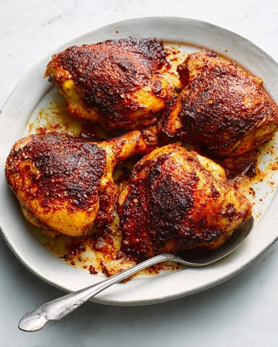 The image shows a white plate with six pieces of cooked chicken thighs. The chicken skin is golden brown and crispy with specks of black pepper and seasoning visible. The meat has a slightly rough texture, with some areas showing a bit of shine from the juices. There are small bits of green herbs sprinkled on and around the chicken, adding a touch of color. The plate sits on a white marbled surface, and in the background, part of a white plate and a woman's hand can be seen. Photo taken with an iphone --ar 4:5 --v 7