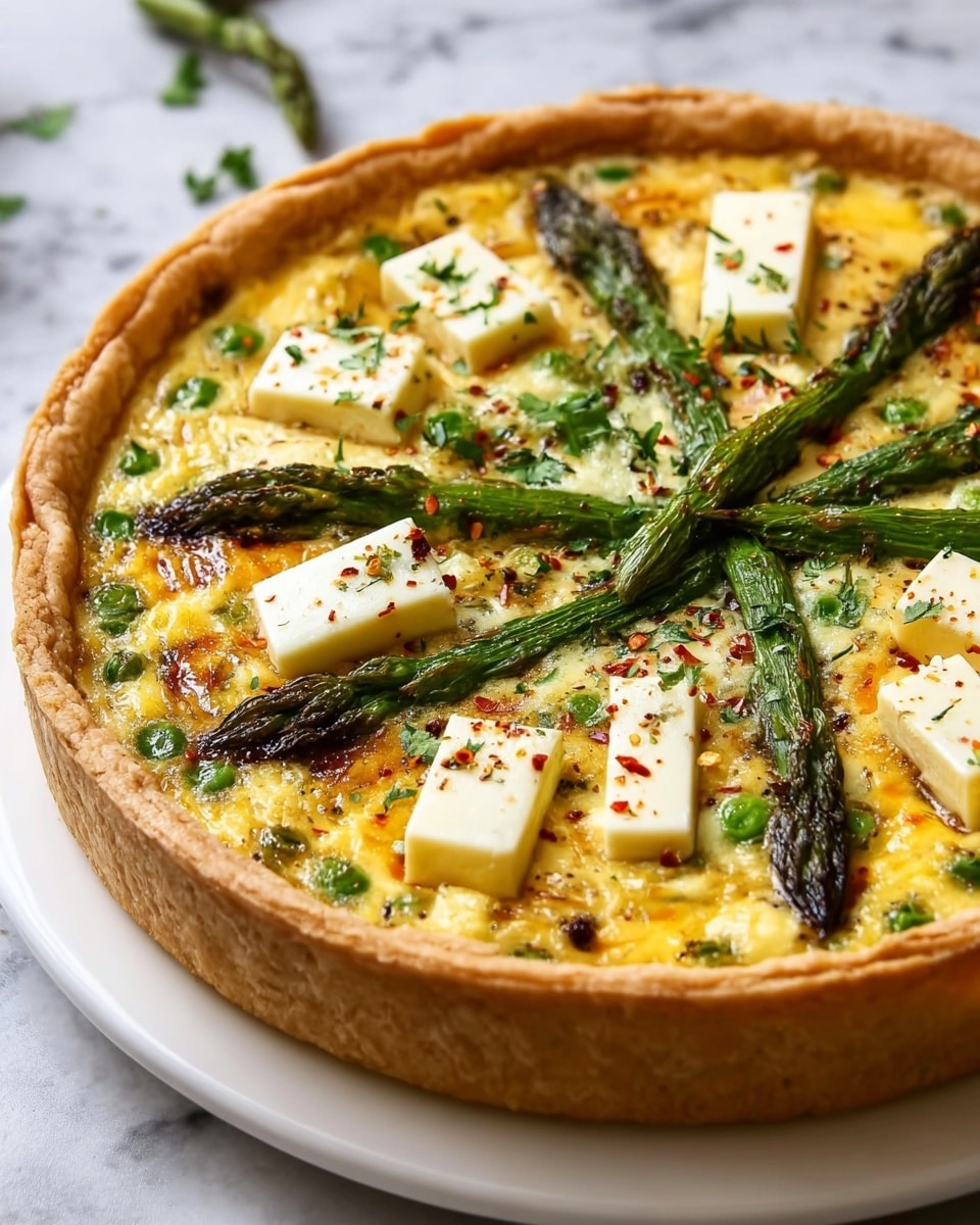 A round quiche with a thick, golden-brown crust holds a creamy yellow egg layer mixed with small green vegetable pieces. On top, whole green asparagus spears are arranged in a sunburst pattern radiating from the center to the edge, with a sprinkling of cracked black pepper covering the surface. One slice is cut out, showing the smooth, soft egg layer above the flaky crust. The quiche sits on a surface with a white marbled texture. photo taken with an iphone --ar 4:5 --v 7
