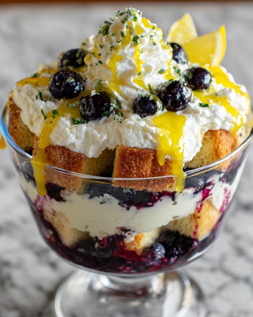 A clear glass dish shows a dessert with three main layers. The bottom layer is made of light yellow sponge cake pieces. The middle layer is white cream with dark purple berry sauce dripping down the sides. The top layer has more sponge cake, topped with white whipped cream, fresh blueberries, thin bright yellow lemon slices, and a drizzle of shiny golden syrup. Small bits of green herbs are on the whipped cream and syrup. The dish sits on a white marbled surface. Photo taken with an iphone --ar 4:5 --v 7