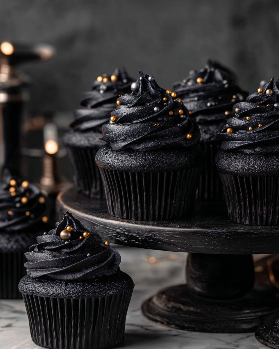 The image shows a group of black cupcakes arranged on a dark round stand and on a table nearby. Each cupcake has two main layers—the cake base is deep black with a slightly textured surface, and on top, thick swirls of black frosting form three tall, smooth layers with a soft, creamy texture. Small metallic gold and silver spherical sprinkles are scattered evenly across the frosting. The background is dark gray with some light reflections, and the surface is a white marbled texture. Photo taken with an iphone --ar 4:5 --v 7