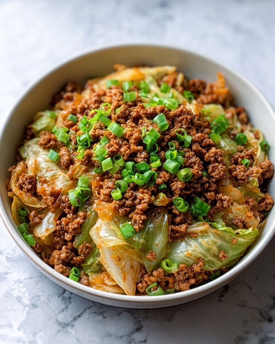 The image shows a bowl filled with a cooked dish that has several visible layers. The bottom layer consists of light green and translucent cooked cabbage pieces. On top of the cabbage, there is a thick layer of finely crumbled browned ground meat with a slightly oily texture. Scattered on top are fresh chopped green onions that add a bright green color. The bowl is white, and the background is a white marbled surface, adding contrast and freshness to the image. Photo taken with an iphone --ar 4:5 --v 7