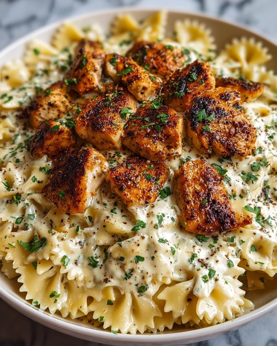 A white plate filled with one layer of light yellow bowtie pasta mixed with green herbs, topped with unevenly placed pieces of dark brown grilled chicken that have a slightly charred texture, all covered with creamy white sauce drizzled over the chicken and pasta in an uneven pattern. The background shows a white marbled texture surface. photo taken with an iphone --ar 4:5 --v 7