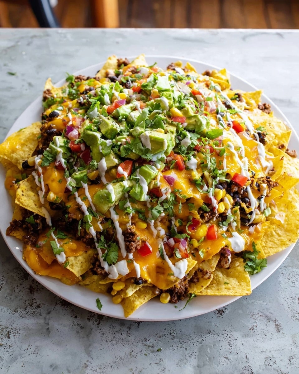 A large white plate holds a big pile of nachos with several layers. The base layer is yellow corn tortilla chips, covered evenly with melted orange cheddar cheese. On top, there is a mix of small black beans, browned ground beef, and yellow corn kernels spread throughout. Scattered red and orange bell pepper pieces add bright color. The dish is topped with green diced avocado chunks and fresh green cilantro leaves. White sour cream is drizzled over the whole pile in thin lines. The plate is placed on a white marbled textured surface. Photo taken with an iphone --ar 4:5 --v 7