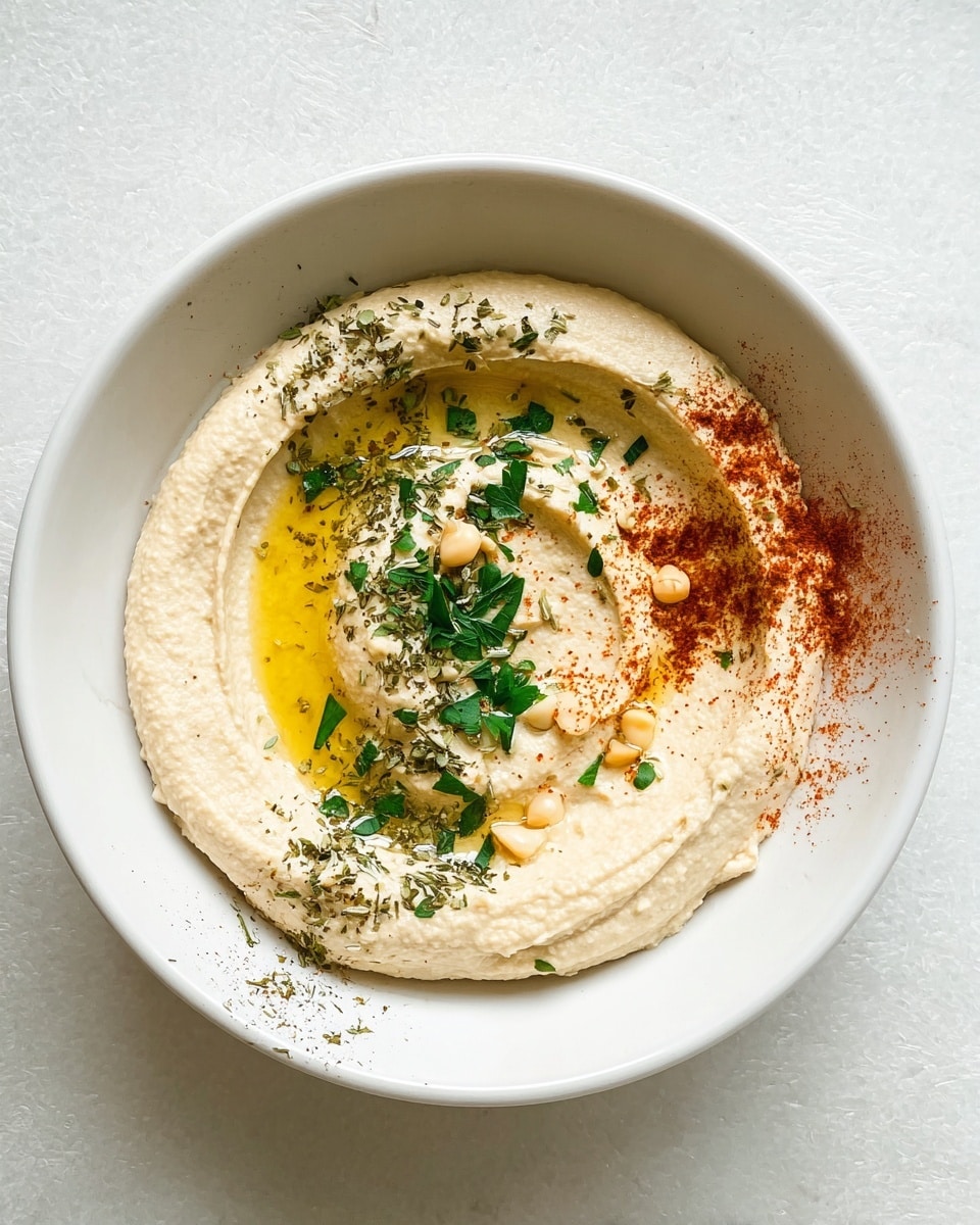 A round layer of creamy beige hummus with a smooth yet slightly textured surface is spread evenly inside a white bowl. On top, there is a small pool of golden olive oil near the center, with finely chopped fresh green parsley sprinkled over it. Around one side of the hummus, there is a sprinkling of crushed dried herbs in a darker green color, and next to it, a small dusting of bright red paprika powder. The bowl sits on a white marbled surface, with some garlic cloves and parsley leaves blurred softly in the background. photo taken with an iphone --ar 4:5 --v 7