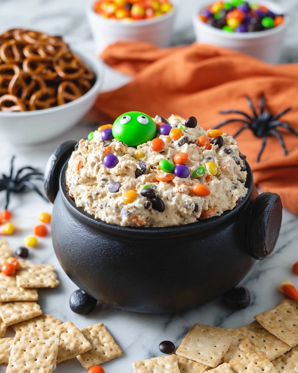 A black cauldron-shaped bowl filled with a creamy, chunky dip that has a light beige color, studded with bright orange, green, purple, and dark brown candy pieces mixed throughout. A small candy decoration with green eyes and black eyebrows peeks out on top. The bowl sits on a white marbled surface scattered with light brown rectangular crackers. In the background, there are white bowls filled with brown pretzels and more colorful candies, and two small black plastic spiders near a folded orange cloth napkin. photo taken with an iphone --ar 4:5 --v 7