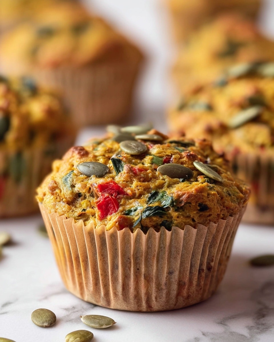 A close-up of a single golden-brown muffin with a slightly cracked top showing a soft and crumbly texture. The muffin is dotted with green pumpkin seeds scattered on the surface, mixed with visible small bits of green herbs and red pieces, likely vegetables or peppers. It is held in a light brown pleated paper cup. The background shows more similar muffins, all on a white marbled surface, with a soft and blurred effect. Photo taken with an iphone --ar 4:5 --v 7