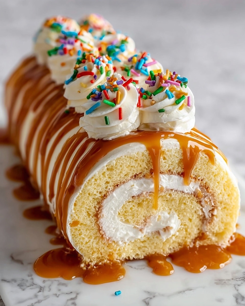 The image shows a soft, light yellow cake roll with white cream filling rolled in a spiral pattern. It is topped with smooth, glossy caramel sauce dripping down the sides and pooling at the base. On top of the cake, there are several dollops of white whipped cream, each decorated with colorful sprinkles in red, green, yellow, blue, orange, and purple. The cake sits on a white marbled surface which adds a clean and bright look to the image. photo taken with an iphone --ar 4:5 --v 7