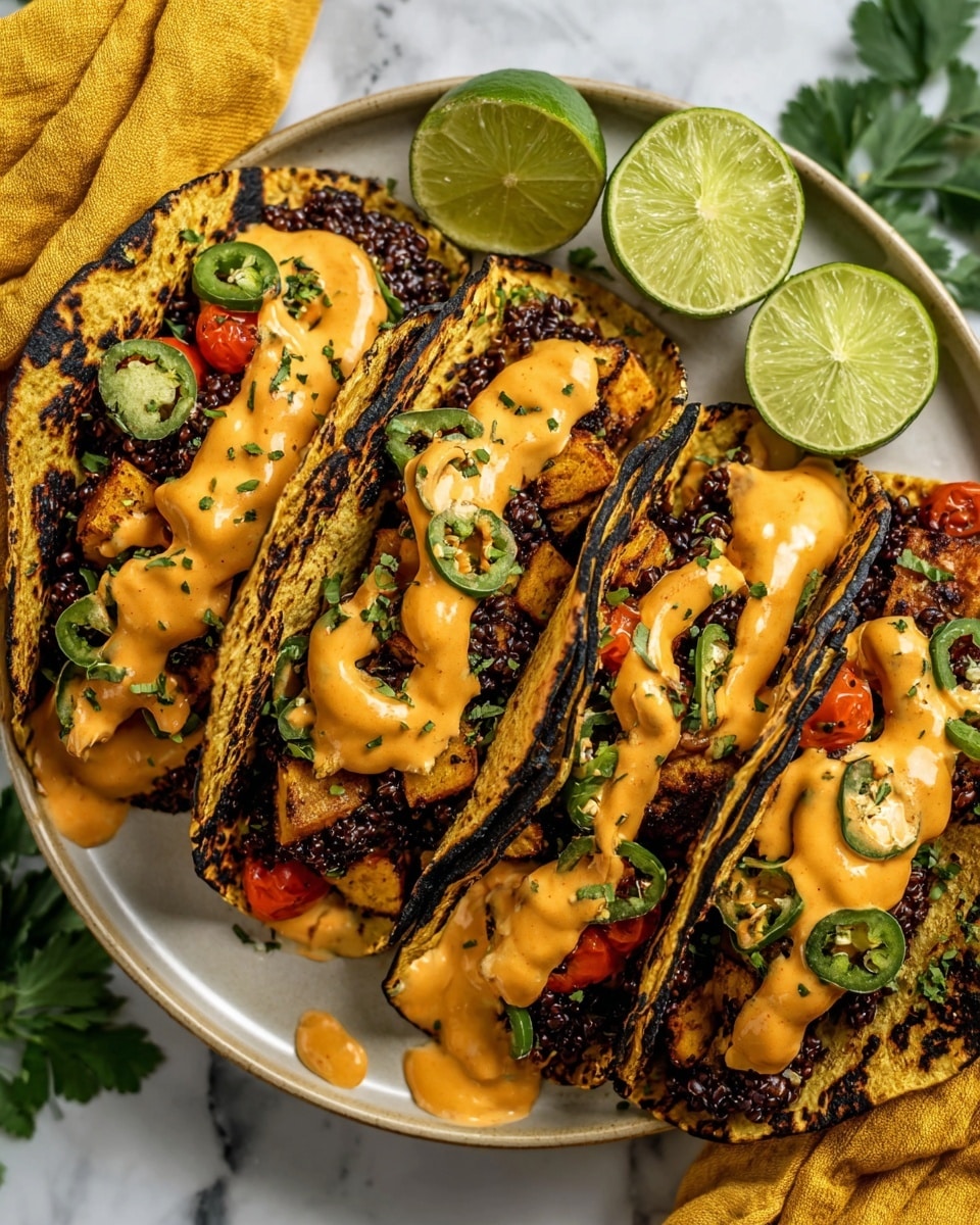 The image shows three tacos standing upright side by side on a white plate with a warm beige rim, placed on a white marbled surface. Each taco has a lightly charred corn tortilla shell as the base with visible dark spots and crispy edges. The first layer inside the tortillas consists of black beans and quinoa, followed by roasted orange sweet potato cubes and halved cherry tomatoes. On top, slices of green jalapeño peppers are spread evenly, all covered with a thick drizzle of creamy orange sauce, sprinkled with finely chopped green herbs. Two lime wedges are placed behind the tacos on the plate, adding a fresh contrast of light green color. photo taken with an iphone --ar 4:5 --v 7
