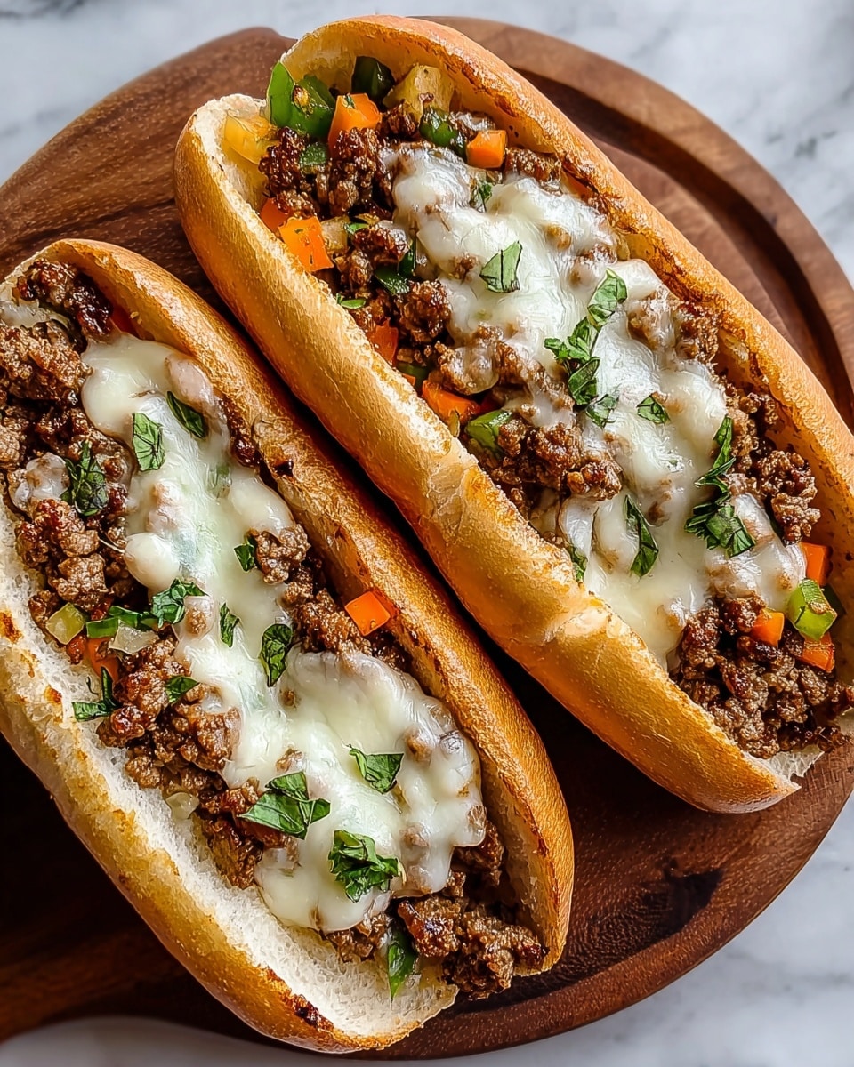 Two sandwich rolls sit side by side on a wooden board, each filled with four clear layers. The base layer is a soft, light brown sandwich roll that is open-faced. Above this is a layer of cooked, crumbled ground beef, which is brown with a rough texture. Mixed in with the beef are small pieces of cooked vegetables, showing soft orange and light green shades. On top of the beef and vegetables is a layer of melted white cheese, stretched and slightly bubbly. Scattered over the cheese are small bits of fresh green herbs, adding a touch of color contrast. The background is a white marbled texture. photo taken with an iphone --ar 4:5 --v 7