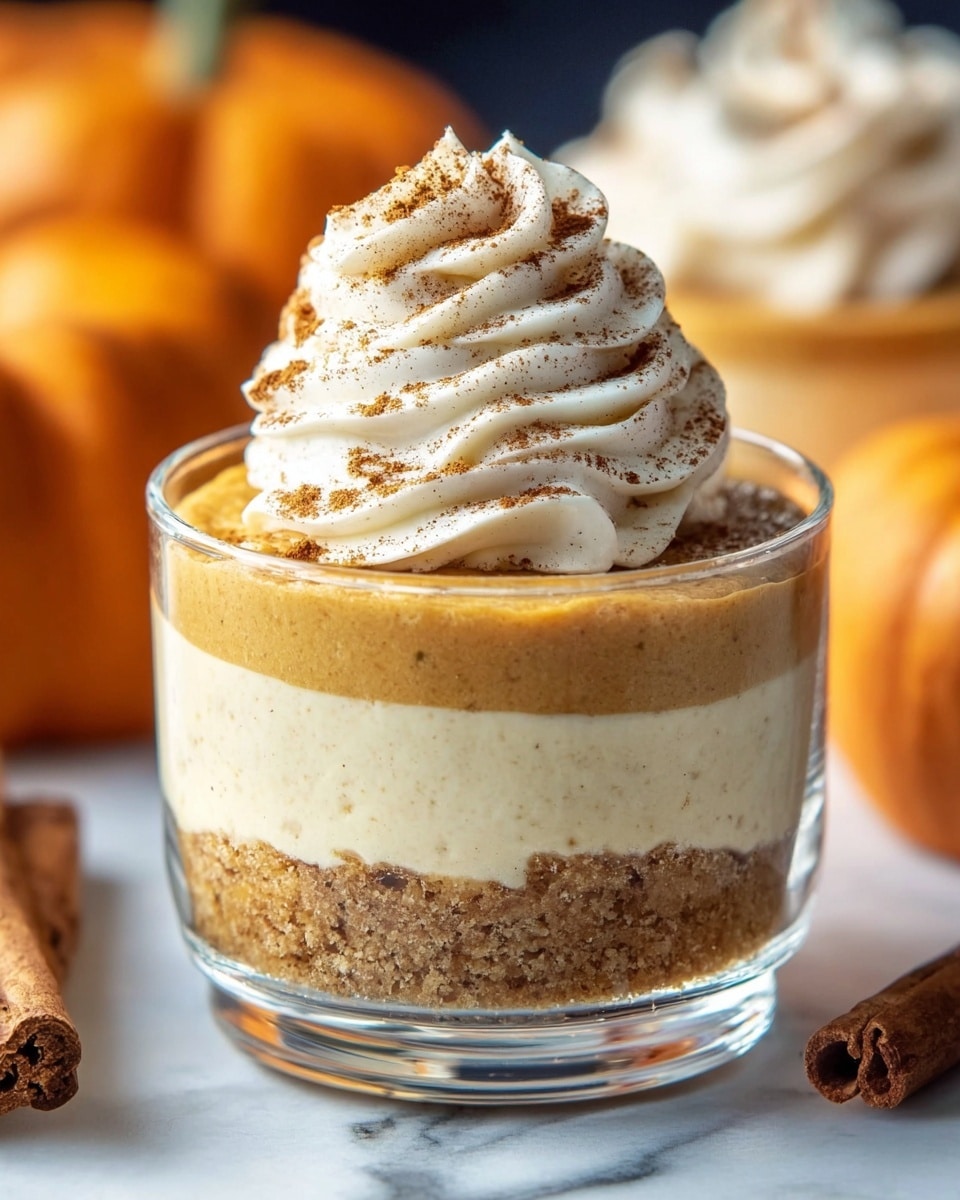 A small clear glass shows a three-layer dessert: the bottom layer is a crumbly brown crust with a coarse texture, the middle layer is a smooth, thick pumpkin-colored pudding, and the top layer is a light cream-colored whipped topping with soft swirls, sprinkled with brown cinnamon powder and finished with two cinnamon sticks resting on top. The glass is placed on a white marbled surface with a blurred small orange pumpkin in the background. photo taken with an iphone --ar 4:5 --v 7