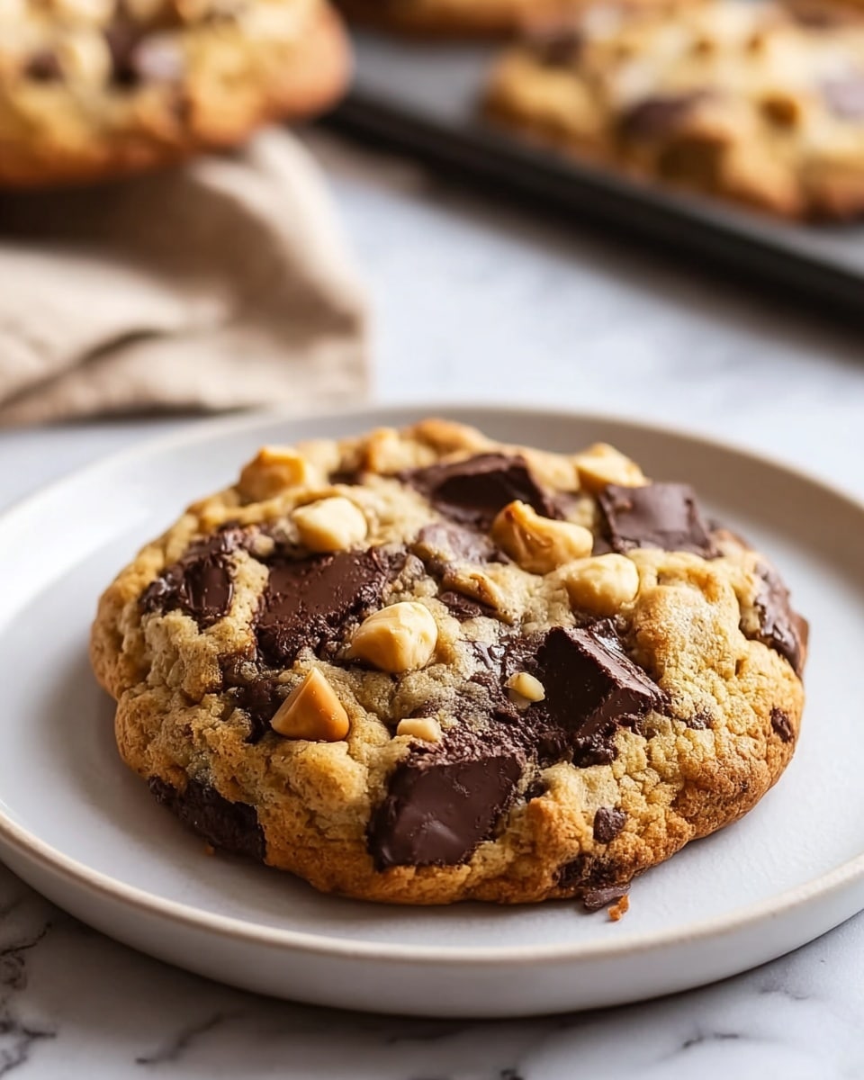 A single round cookie sits in the center of a white plate on a white marbled surface. The cookie is thick with a slightly rough texture, golden brown in color. Large chunky dark brown chocolate pieces are embedded throughout the cookie, with small light peanut pieces scattered on top and mixed inside. The cookie edges are slightly raised and crisp, while the center looks soft and chewy. In the blurred background, a tray holds more cookies. photo taken with an iphone --ar 4:5 --v 7