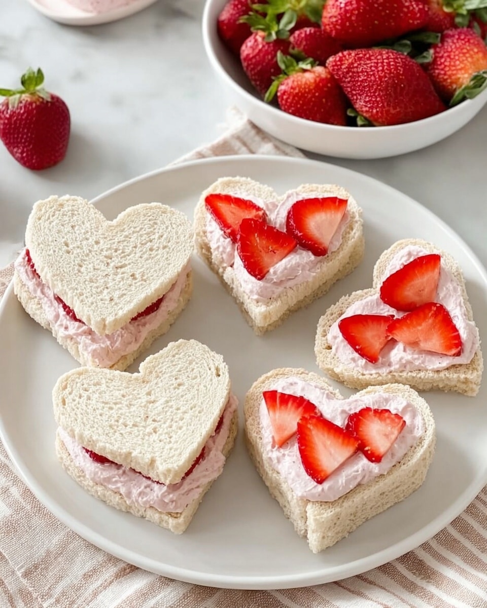 The image shows heart-shaped sandwiches and treats on white dishes over a white marbled surface. On the main white plate, there are five heart-shaped sandwiches made with two layers of soft white bread. Some are topped with fresh red strawberry slices on a light pink creamy spread, while others have a sandwich style with a visible middle layer of pink spread and sliced strawberries. In the upper left, a white rectangular plate holds three heart-shaped treats with a thick layer of light pink frosting on top. To the upper right, a white bowl is filled with whole red strawberries with green leaves. A soft striped cloth in light beige and white lies under the main plate. Photo taken with an iphone --ar 4:5 --v 7