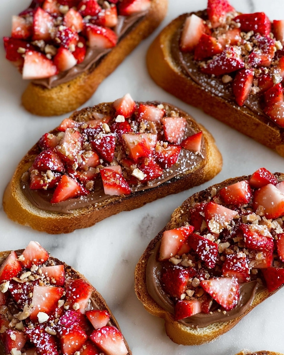 This image shows several pieces of toasted bread laid out on a white marbled surface. Each piece has a base layer of light golden-brown toast, topped with a smooth, thick spread of rich, dark brown chocolate. On top of the chocolate is a generous layer of finely chopped fresh strawberries, with varying shades of bright red and pale pink. Scattered over the strawberries are small white powdered sugar sprinkles, adding contrast and texture. The bread slices vary slightly in size and shape but all have a rustic, crunchy look. photo taken with an iphone --ar 4:5 --v 7