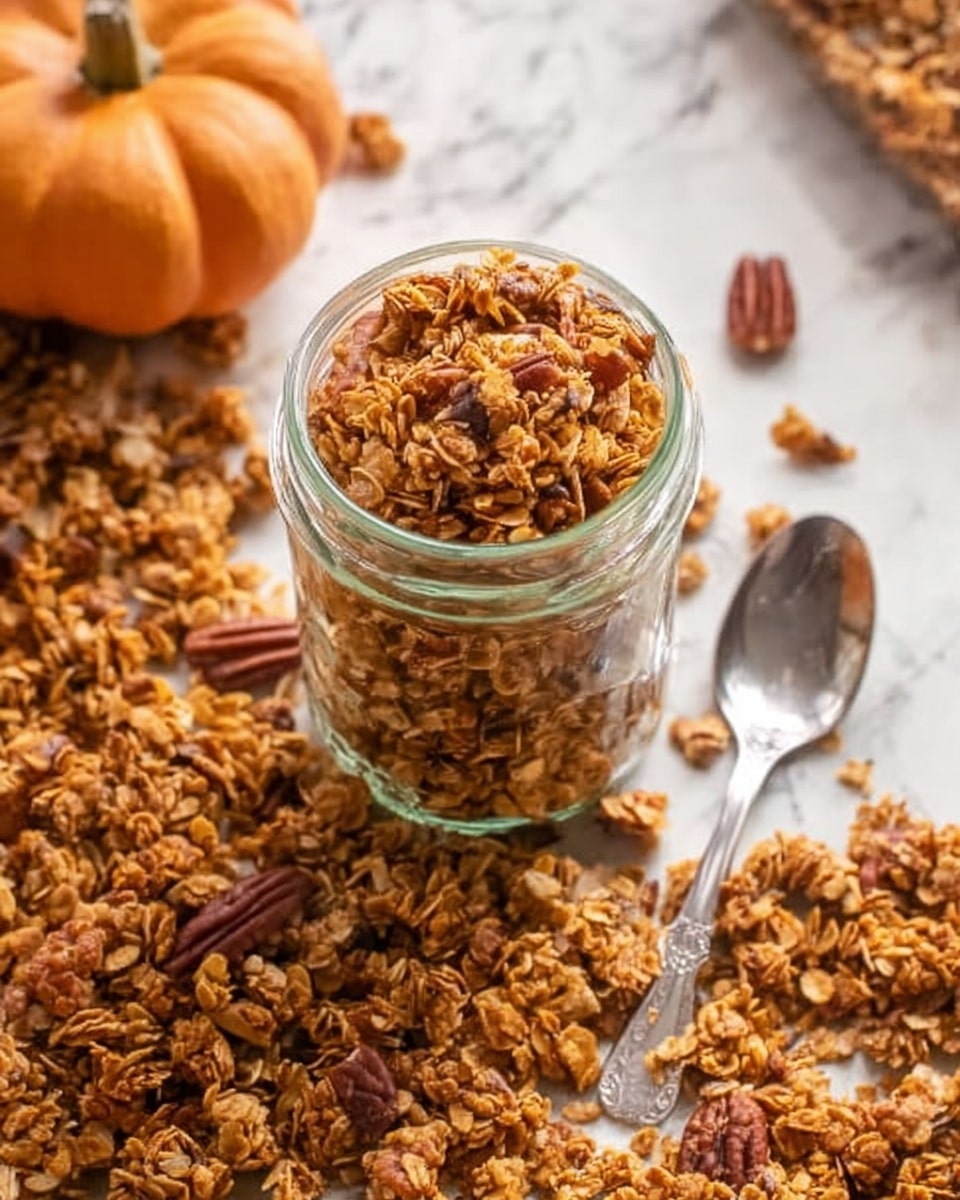 A clear glass jar filled with golden brown granola sits in the center of the image, surrounded by a large spread of the same granola scattered over a white marbled surface. The granola is chunky and textured, with visible oats and bits of pecans adding a mix of light tan and dark brown colors. To the right of the jar is a silver spoon resting on the granola. In the background, an orange pumpkin adds a soft, warm touch to the scene. The overall look is cozy and inviting. Photo taken with an iphone --ar 4:5 --v 7