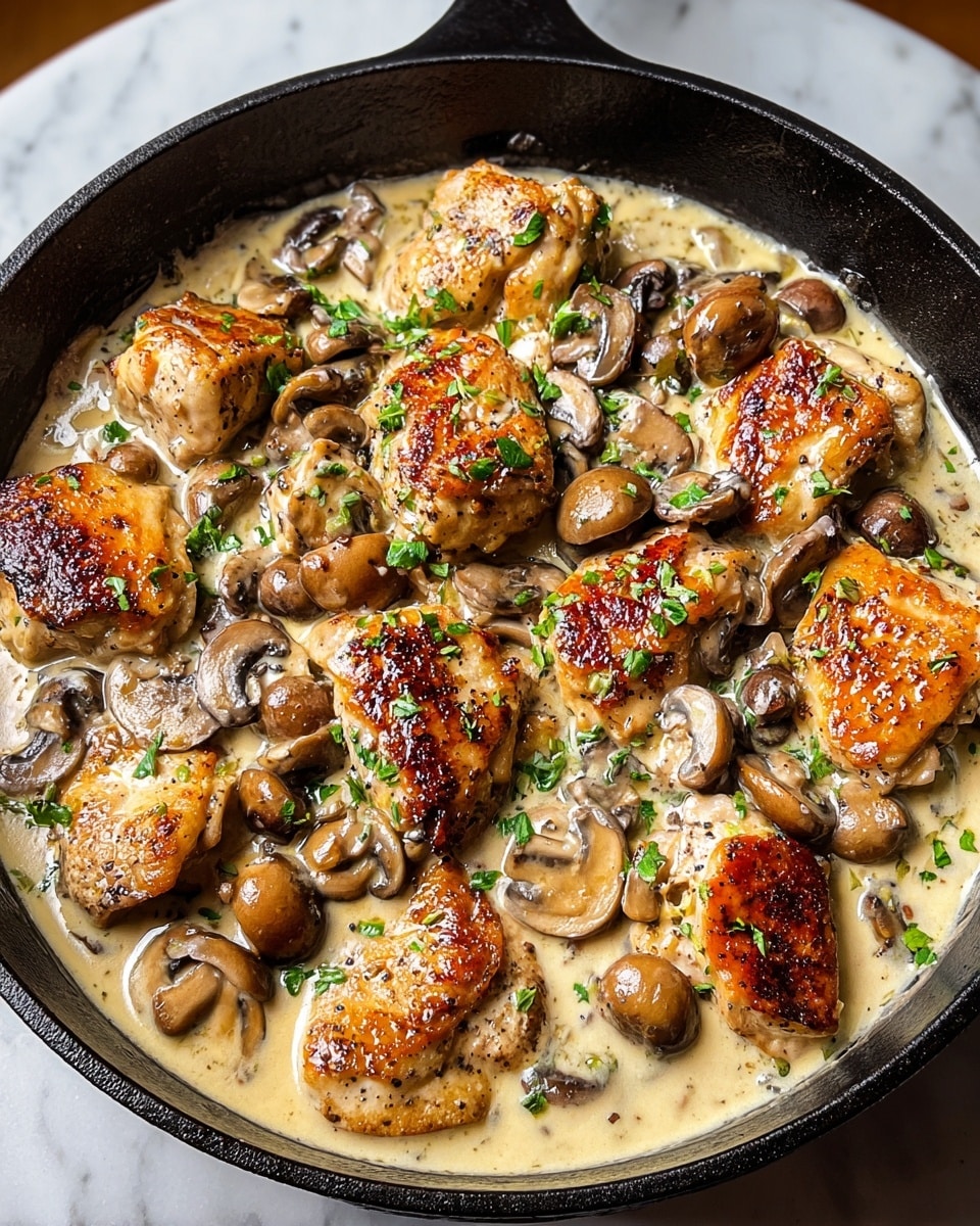 A black cast iron pan filled with an even layer of creamy light beige sauce, dotted with many browned, golden chicken pieces scattered all over. The chicken pieces have a seared texture with black pepper speckling. Sliced brown mushrooms with a slight glossy look are spread evenly throughout the dish. Small flecks of green fresh herbs are sprinkled on top, adding color contrast. The pan sits on a white marbled surface. photo taken with an iphone --ar 4:5 --v 7