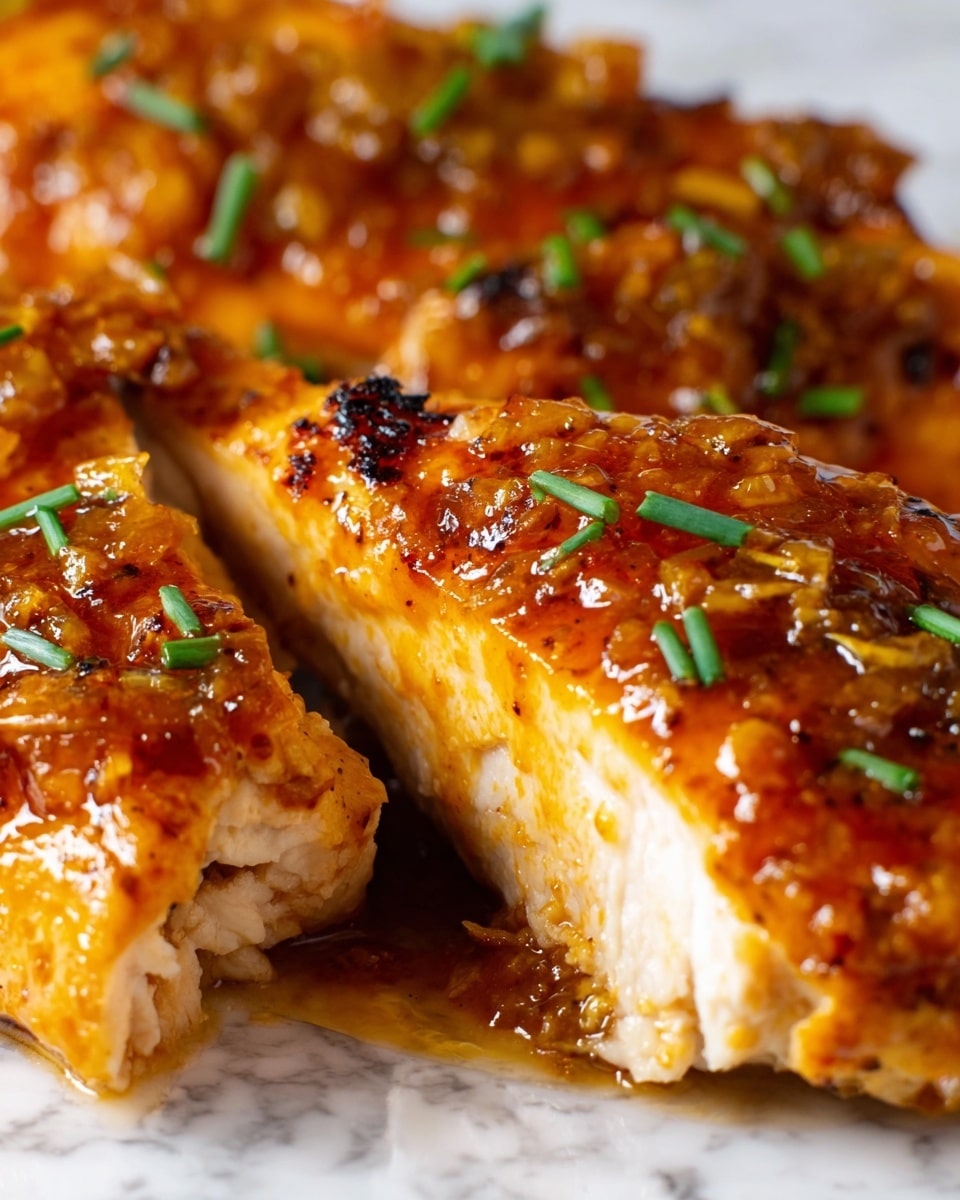 The image shows close-up pieces of chicken breast that are cooked and covered with a thick, shiny orange-brown sauce with bits of garlic or onion on top. The chicken pieces have a golden, slightly charred surface with the sauce soaked in. Small green herbs, likely chopped chives, are sprinkled over the top, adding a pop of color. One piece is cut, revealing the white, moist interior of the chicken beneath the sauce. The background is a white marbled texture. photo taken with an iphone --ar 4:5 --v 7