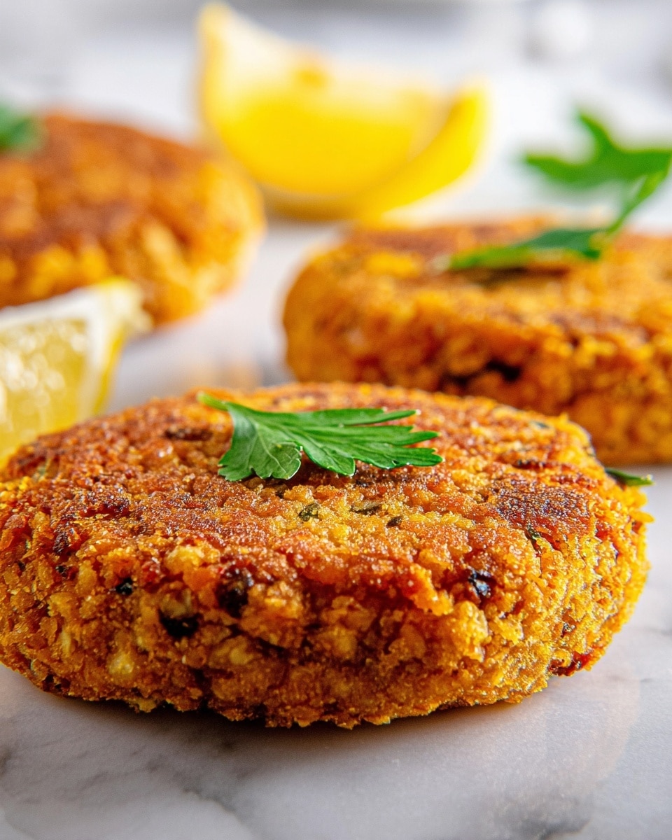 The image shows three golden-brown crab cakes with a crispy, textured crust on a white marbled surface. Each crab cake is round and thick with a crumbly and crunchy outside, and small dark specks showing the seasoning inside. One crab cake is centered and topped with a small bright green parsley leaf. Around the cakes, there are bright yellow lemon wedges with shiny, juicy flesh, adding a fresh contrast, and a few small parsley leaves scattered nearby. The overall look is fresh and vibrant. photo taken with an iphone --ar 4:5 --v 7
