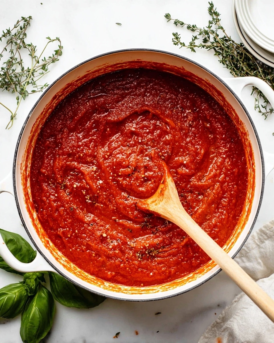 A white pot filled with thick, rich red tomato sauce with visible small chunks and herbs, giving it a textured look. A wooden spoon is dipped into the sauce, slightly lifting some of it, leaving swirled patterns on the surface. The pot sits on a white marbled surface with part of a white plate visible at the edge. Photo taken with an iphone --ar 4:5 --v 7