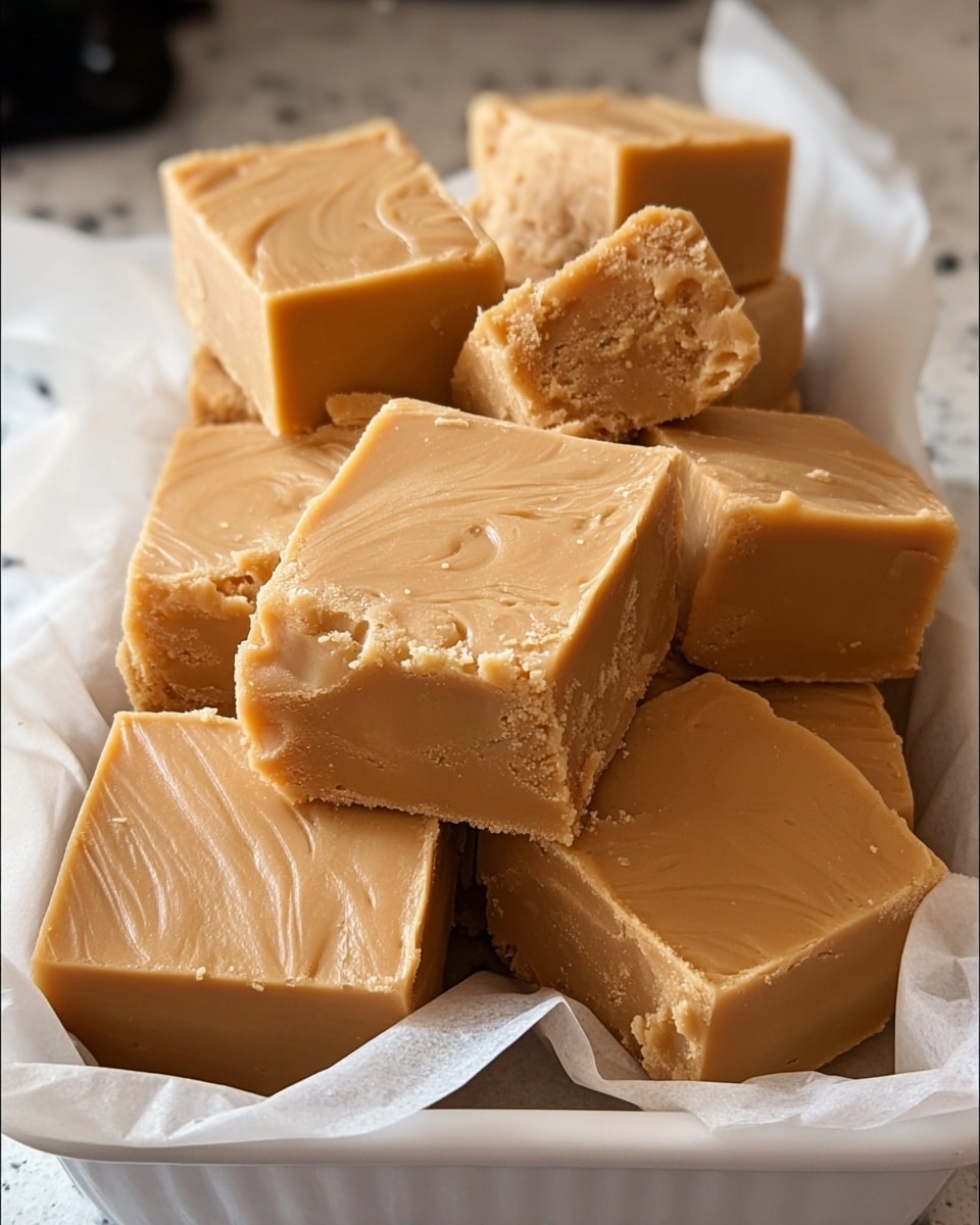 The image shows eight square pieces of light brown fudge stacked in two layers inside a white tray lined with white parchment paper. Each fudge piece is smooth on top with some visible swirl patterns and slightly rough edges. The fudge has a dense and creamy texture with some small crumbly bits on the sides. The tray sits on a white marbled surface with a faint grey pattern, and the background is slightly blurred, focusing on the fudge. photo taken with an iphone --ar 4:5 --v 7