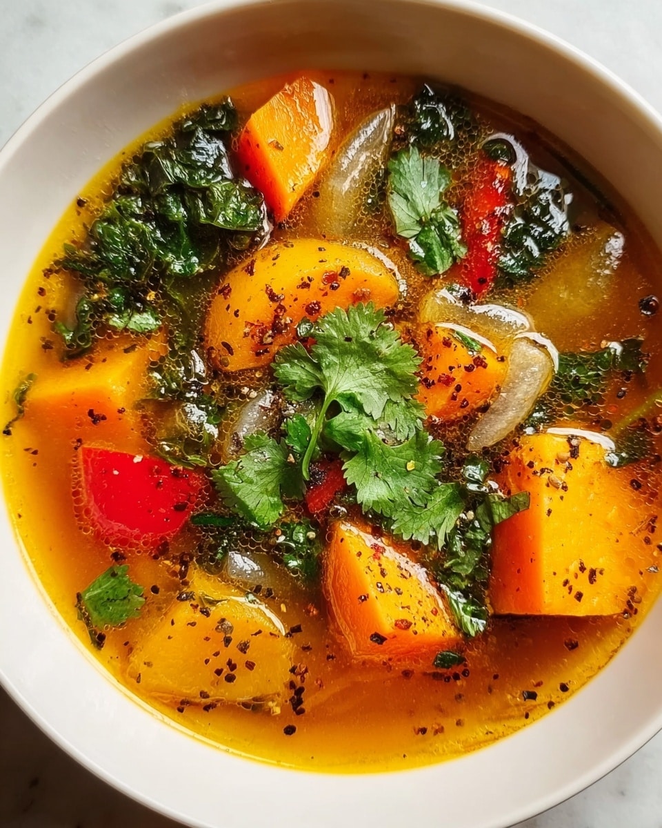 The image shows a white bowl filled with a bright orange-yellow broth soup. Inside the soup are several chunky pieces of orange and yellow vegetables, including sweet potatoes and carrots. There are curled red pepper slices, green spinach leaves, and a few fresh green cilantro leaves placed on top. Thin slices of translucent onion float near the surface, and small black pepper flakes are scattered across the soup's surface, adding texture and contrast. The bowl sits on a white marbled surface, and the photo is taken close-up to show the rich colors and textures of the ingredients. photo taken with an iphone --ar 4:5 --v 7