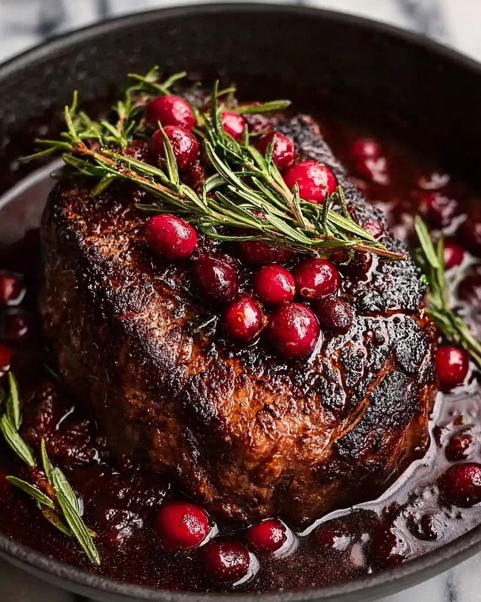 A grilled piece of meat with a dark brown, slightly charred surface rests in a shallow dish filled with a thick, dark sauce. The top of the meat is decorated with bright red cranberries and a few green sprigs of rosemary, some cranberries floating in the sauce around the meat. The sauce has a shiny, rich texture, pooling around the base of the meat in the round black pan. The background shows a white marbled texture. Photo taken with an iphone --ar 4:5 --v 7