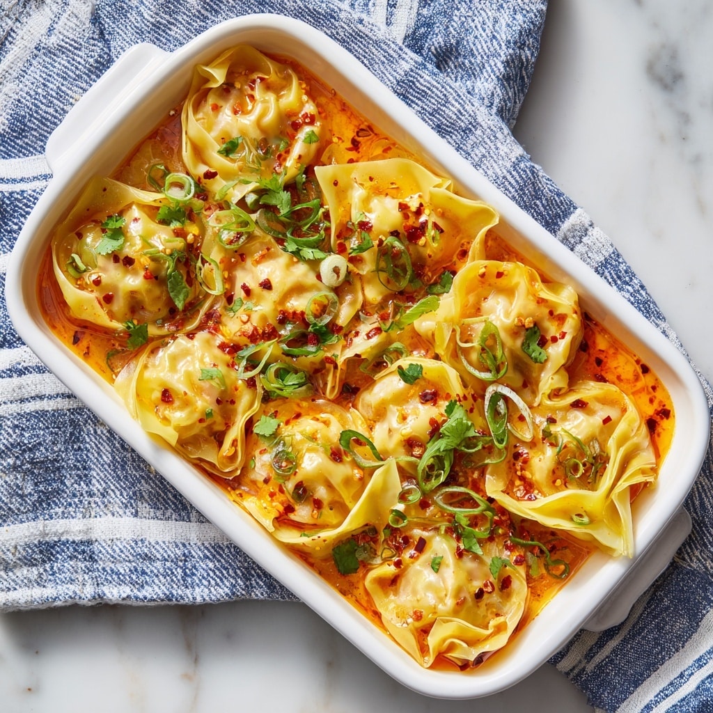 The image shows a white rectangular dish filled with several folded wontons arranged closely in two layers, covered in a rich orange sauce that looks creamy and smooth. The wontons are light yellow with slightly translucent, delicate wrappers, and their edges curl loosely above the sauce. The sauce is dotted with small bits of red chili oil and sprinkled with thin slices of green onions and chopped fresh herbs, adding green flecks on top. The dish is set on a white marbled surface with a blue and white striped cloth partially visible to the side. photo taken with an iphone --ar 4:5 --v 7